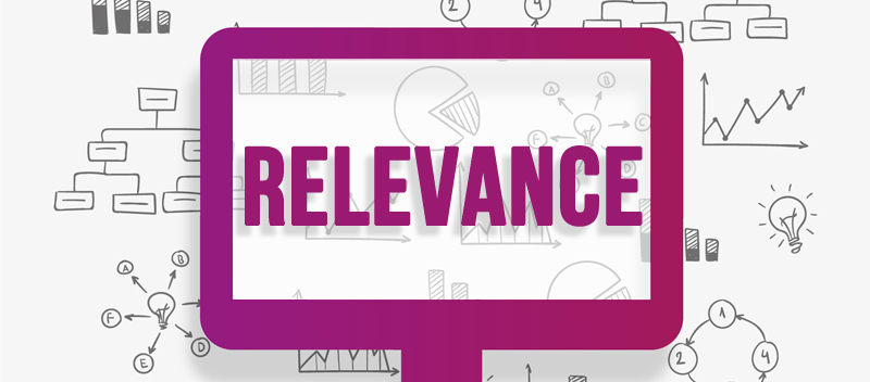 Image of a desktop icon with the word "relevance"and symbols of data tools on the background