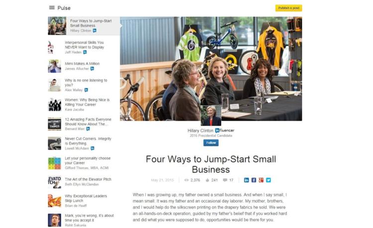 Hillary Clinton joins LinkedIn, pens article on small business solutions 