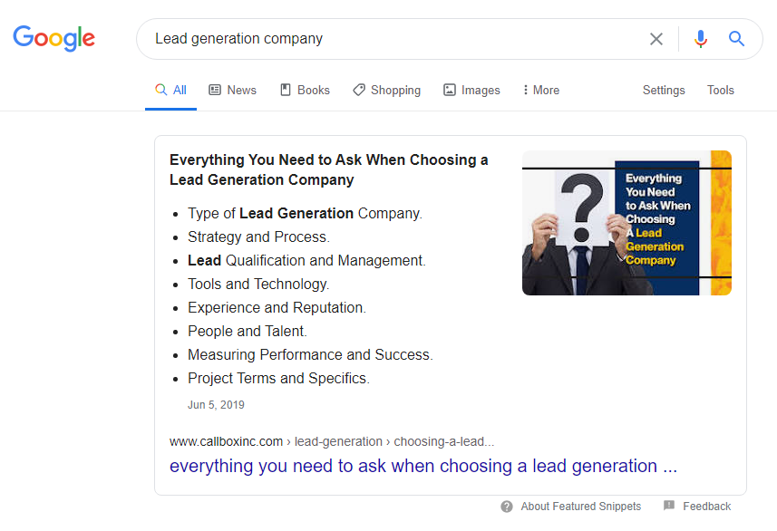 Screenshot of featured snippet