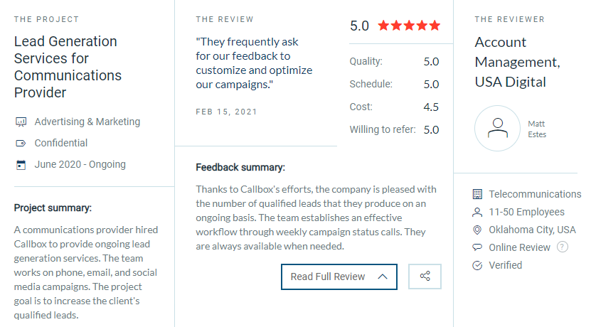 Screenshot of USA Digital's review of Callbox on Clutch