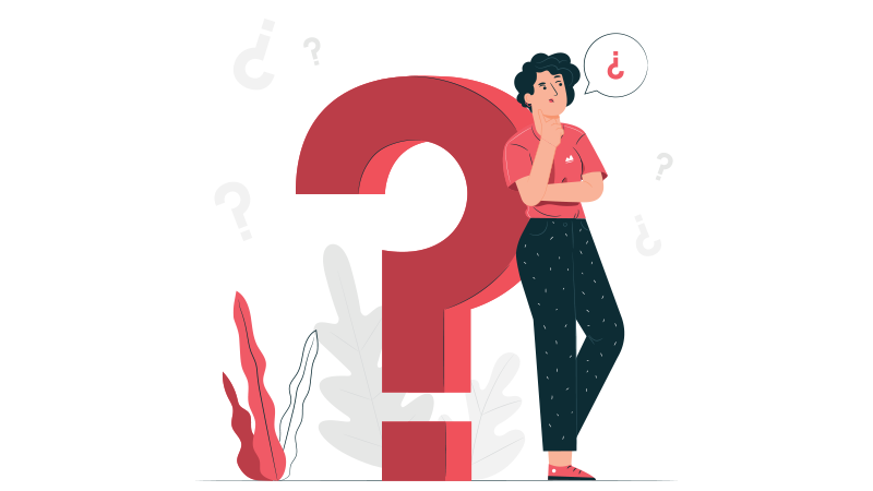 woman leaning on a question mark