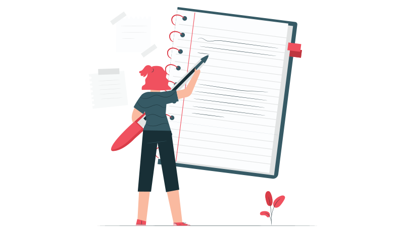 A graphical illustration of a woman holding a giant pen and use it to writing in a giant notebook