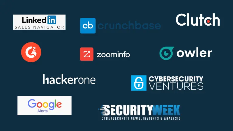 list of tools and websites logos for finding new cyber security leads