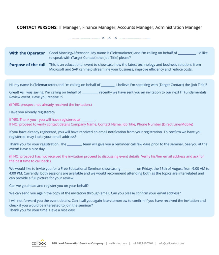 Sample scripts for contact persons: IT manager, finance manager, accounts managers, administration manager