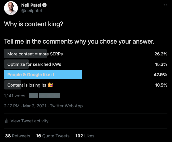 Niel Patel Twitter post about why is content king?
